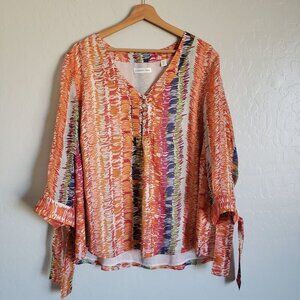 Coldwater Creek 100% Silk V-Neck Tie Sleeve Top Women's 2X Brushstroke Artsy NEW
